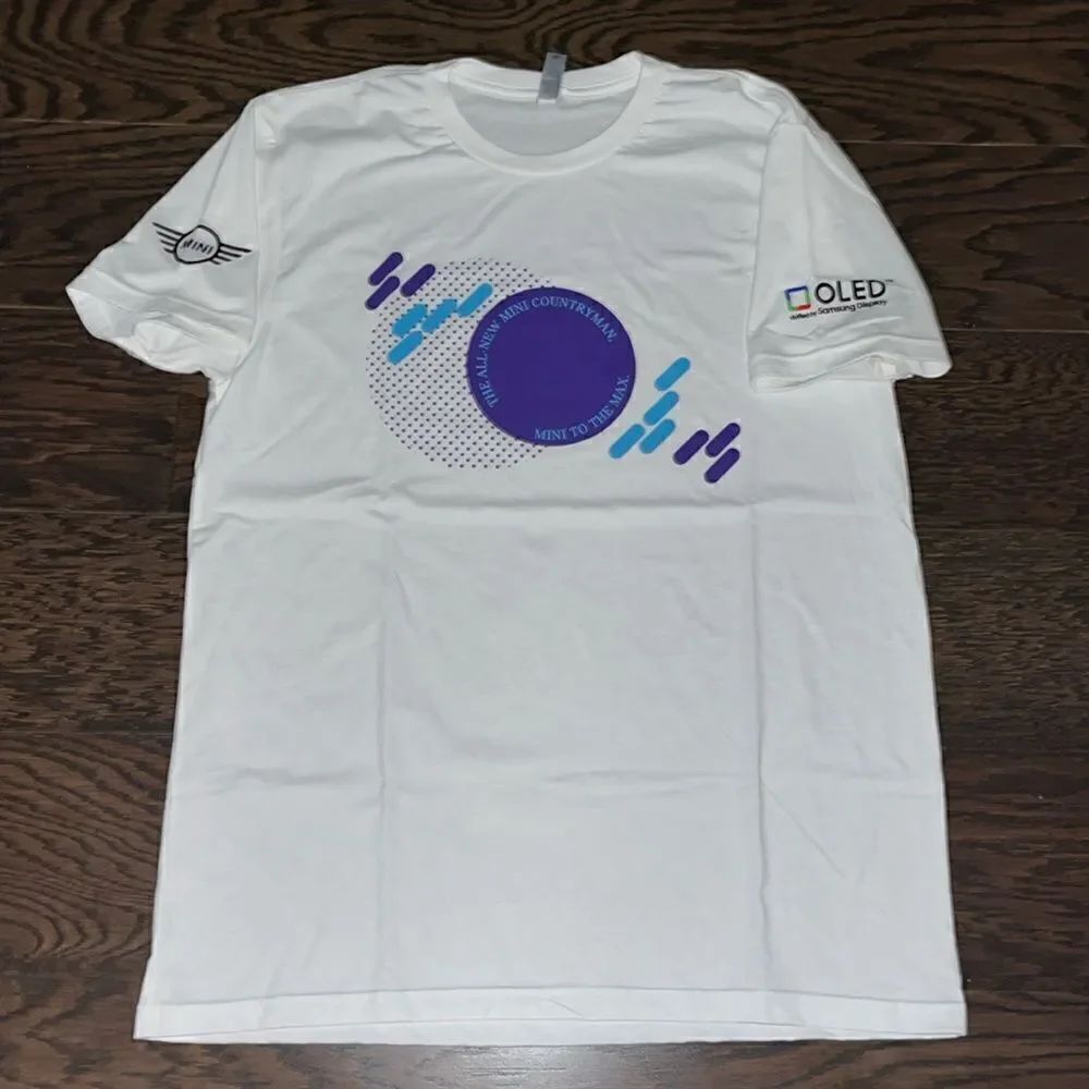 White Purple Roll Out Mini Cooper All new Countryman Dealer T shirt size Large L